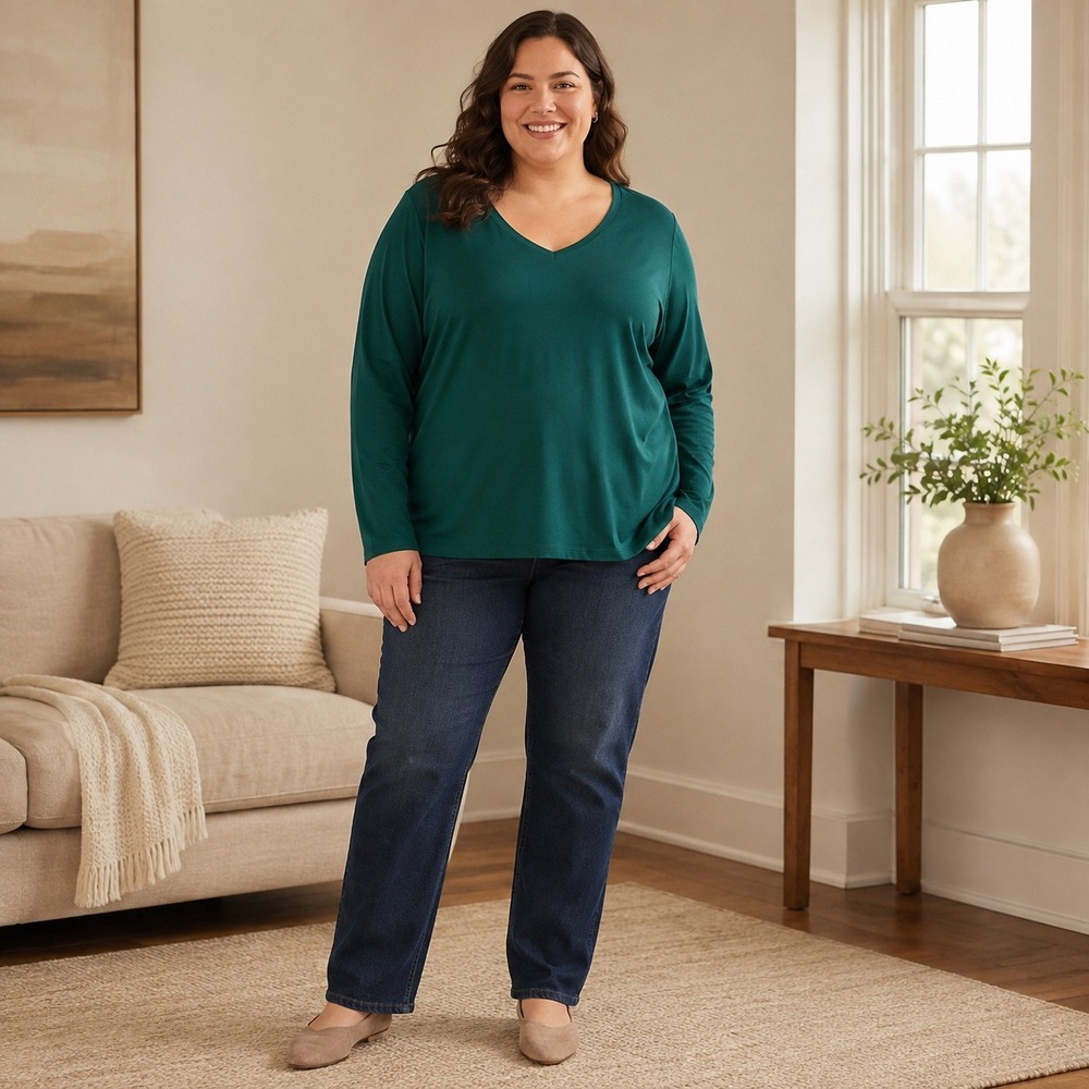 Talbots Womens 3X Forest Green Pima Cotton V-Neck Long Sleeve Tee ID2726 02/23